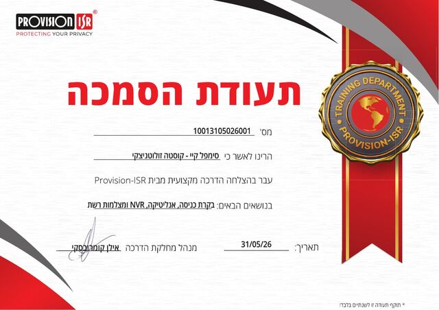 תעודת הסמכה Provision-ISR לסימפל קיי, מצלמות רשת, NVR, אנליטיקה ובקרת כניסה